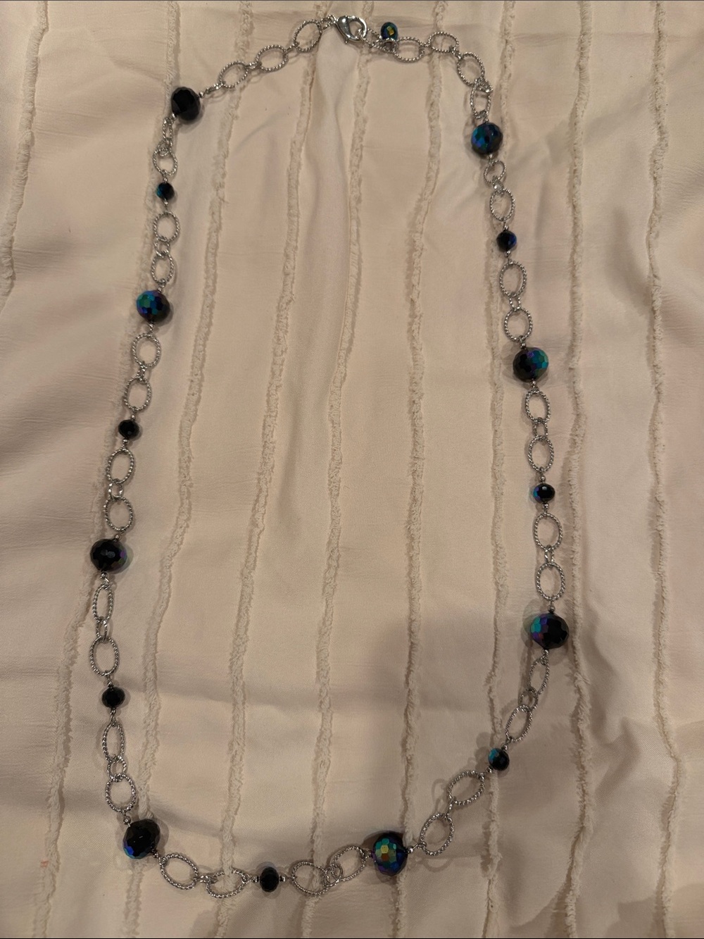 Silver-Link Necklace with Iridescent Blue-Green Beads. Approx 37" end to end
